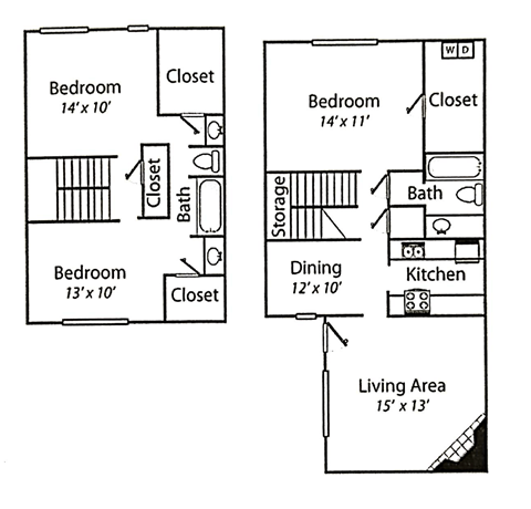 Floor plan for 3 beds, 2 baths, 1240 sqft